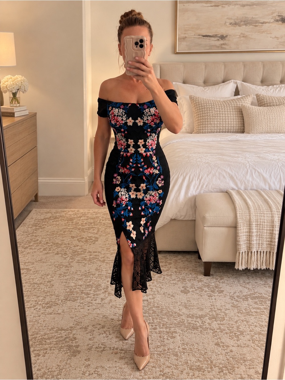Guess Black One-Shoulder Floral Embroidered Midi Dress